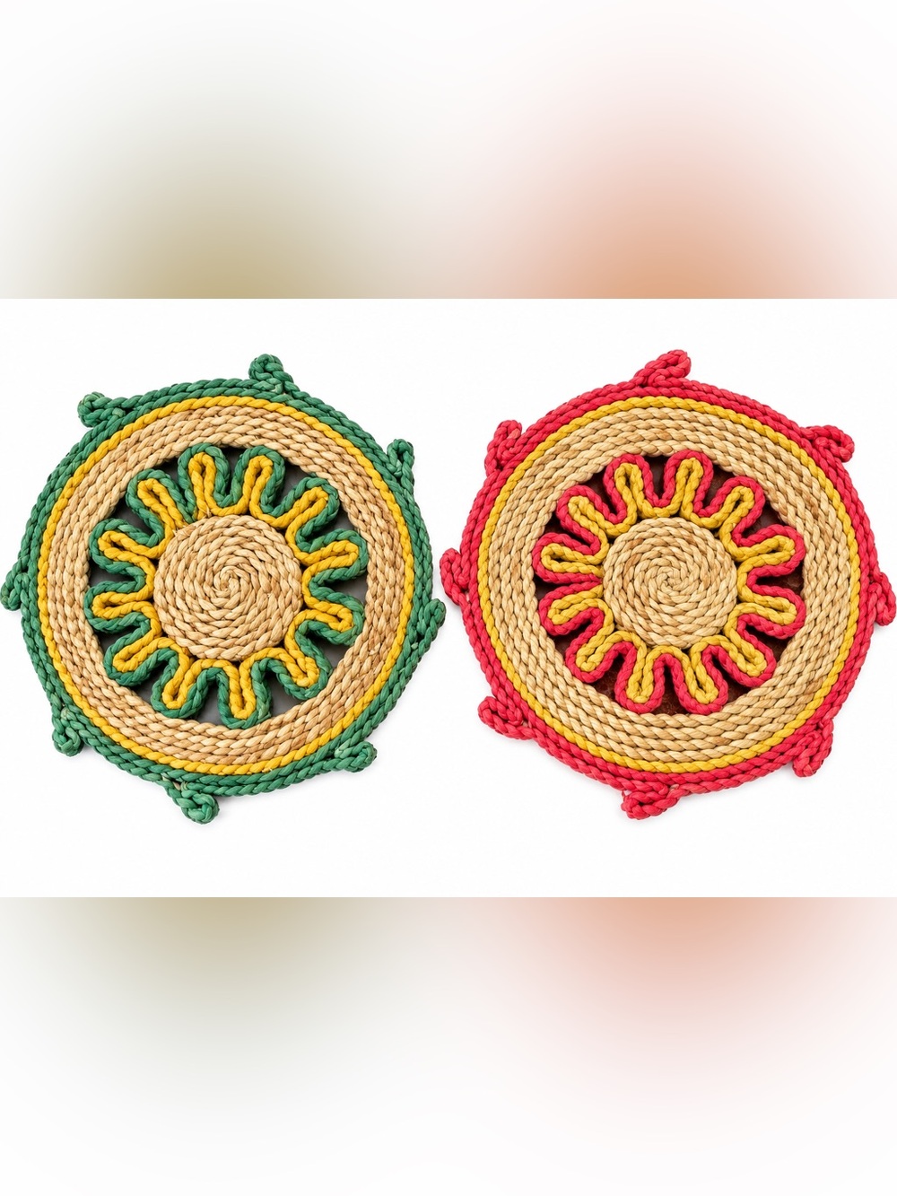 Vintage Handwoven Straw Rope Trivets Set of 2 • Colorful Retro Boho Kitchen Déco